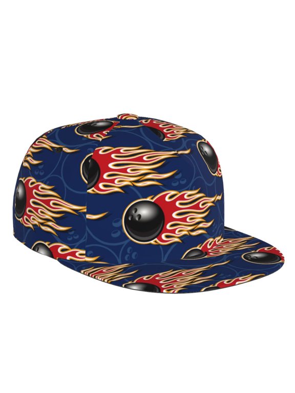 Flat Bill Trucker Hats for Women Men - Bowling Ball And Flame Adjustable Flat Baseball Cap Snapback Hats Dad Hats for Men
