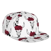 Flat Bill Trucker Hats for Women Men - Bull skull rose white cool Adjustable Flat Baseball Cap Snapback Hats Dad Hats for Men