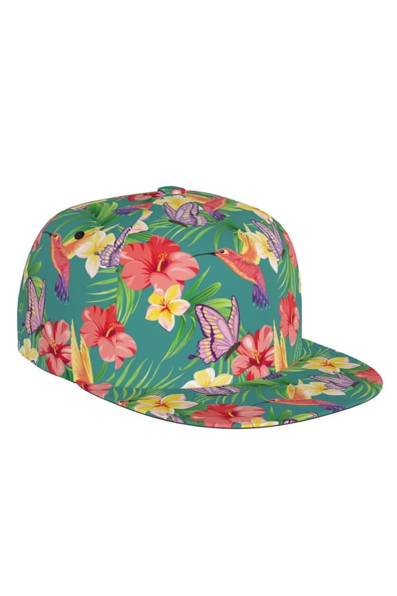 Flat Bill Trucker Hats for Women Men - Butterfly Hummingbird Flower Adjustable Flat Baseball Cap Snapback Hats Dad Hats for Men