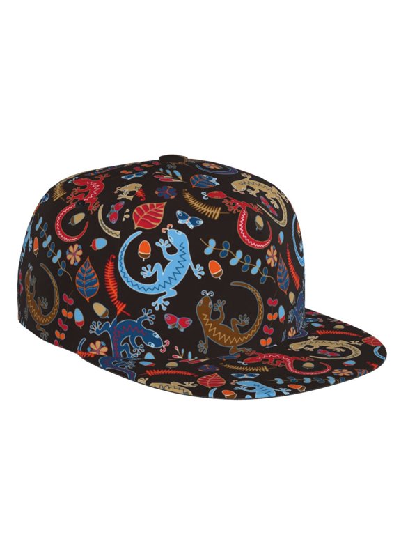 Flat Bill Trucker Hats for Women Men - Cartoon Gecko Lizard Butterfly Adjustable Flat Baseball Cap Snapback Hats Dad Hats for Men