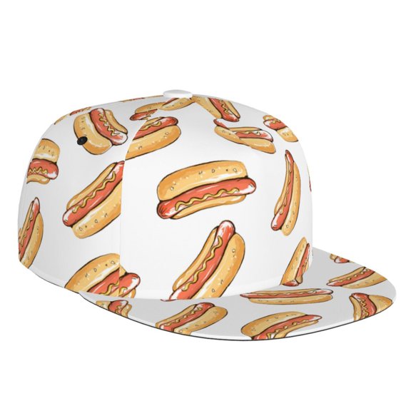 Flat Bill Trucker Hats for Women Men - Cartoon Hot Dog Print White Adjustable Flat Baseball Cap Snapback Hats Dad Hats for Men