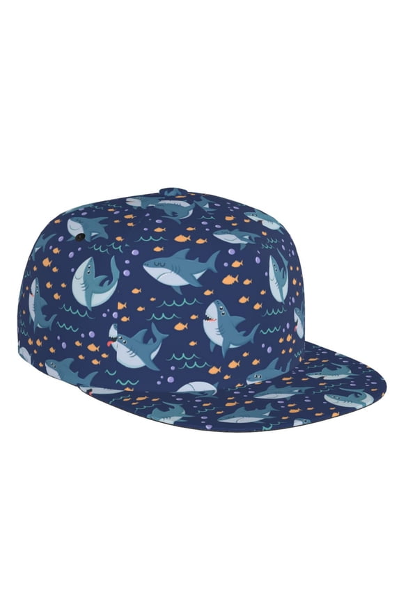 Flat Bill Trucker Hats for Women Men - Cartoon Sharks2 Adjustable Flat Baseball Cap Snapback Hats Dad Hats for Men