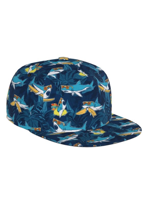 Flat Bill Trucker Hats for Women Men - Cartoon Surfer Sharks Adjustable Flat Baseball Cap Snapback Hats Dad Hats for Men