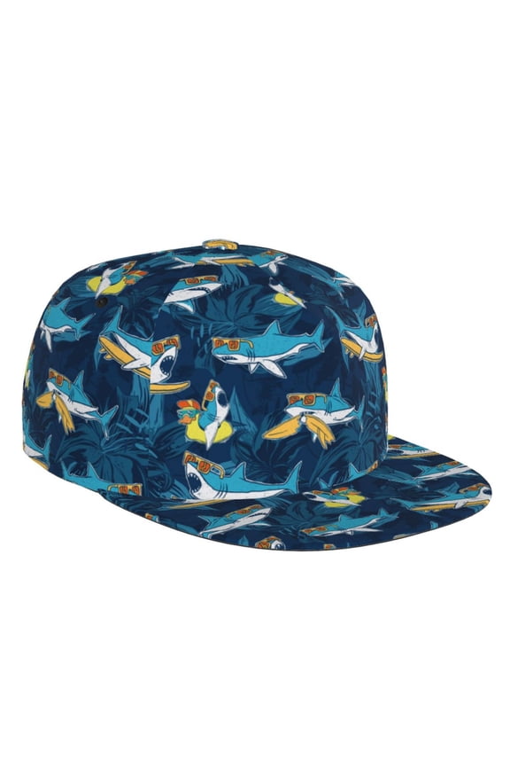 Flat Bill Trucker Hats for Women Men - Cartoon Surfer Sharks Adjustable Flat Baseball Cap Snapback Hats Dad Hats for Men