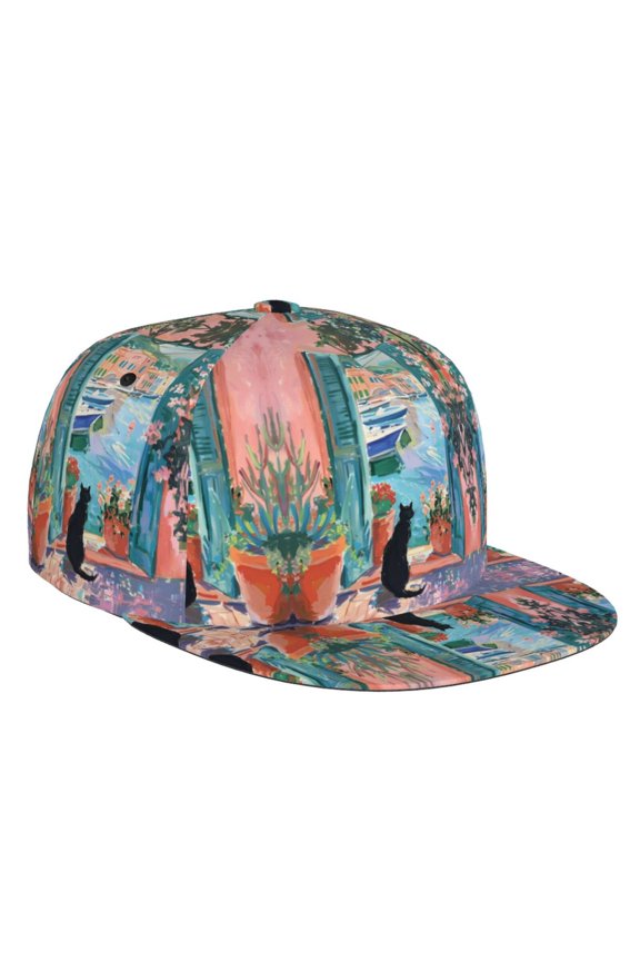 Flat Bill Trucker Hats for Women Men - Coastal Cat By The Window Adjustable Flat Baseball Cap Snapback Hats Dad Hats for Men