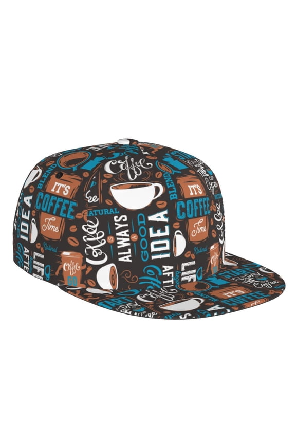 Flat Bill Trucker Hats for Women Men - Coffee Lover Print Adjustable Flat Baseball Cap Snapback Hats Dad Hats for Men