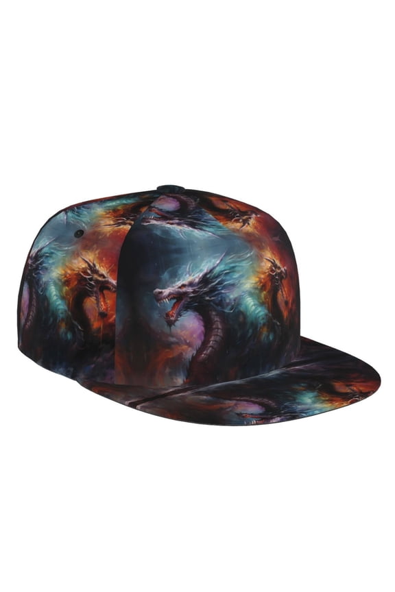 Flat Bill Trucker Hats for Women Men - Colorful Ink Style Dragon Adjustable Flat Baseball Cap Snapback Hats Dad Hats for Men