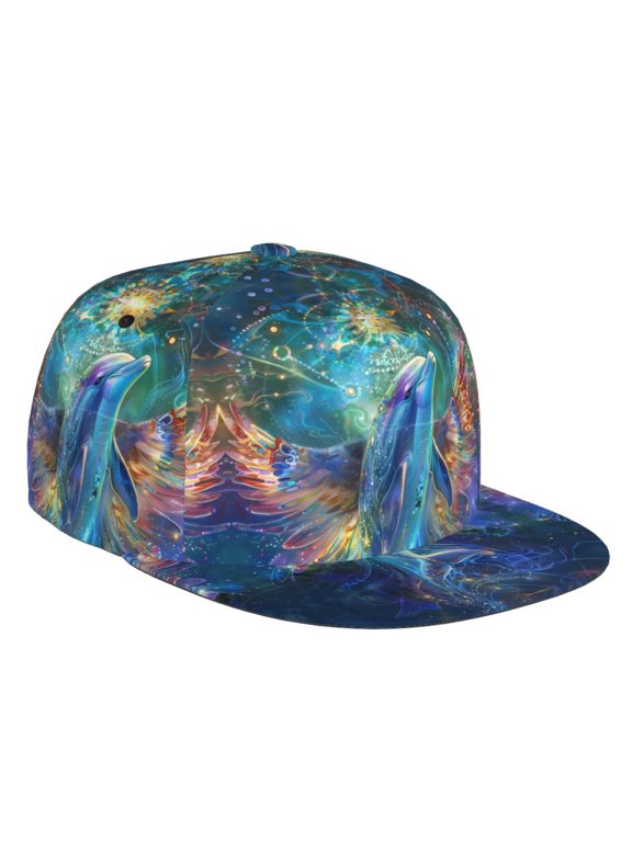 Flat Bill Trucker Hats for Women Men - Colorful Winged Dolphin Adjustable Flat Baseball Cap Snapback Hats Dad Hats for Men