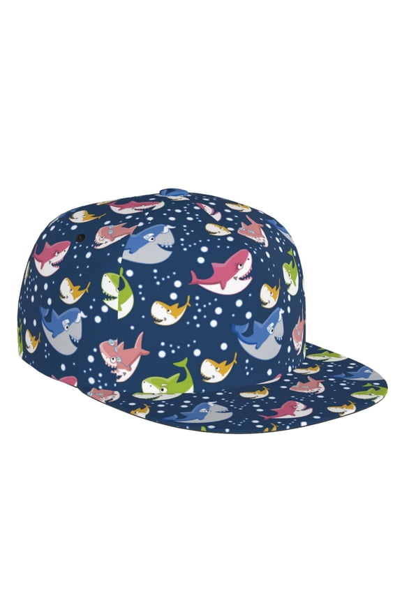 Flat Bill Trucker Hats for Women Men - Colorful cartoon shark Adjustable Flat Baseball Cap Snapback Hats Dad Hats for Men