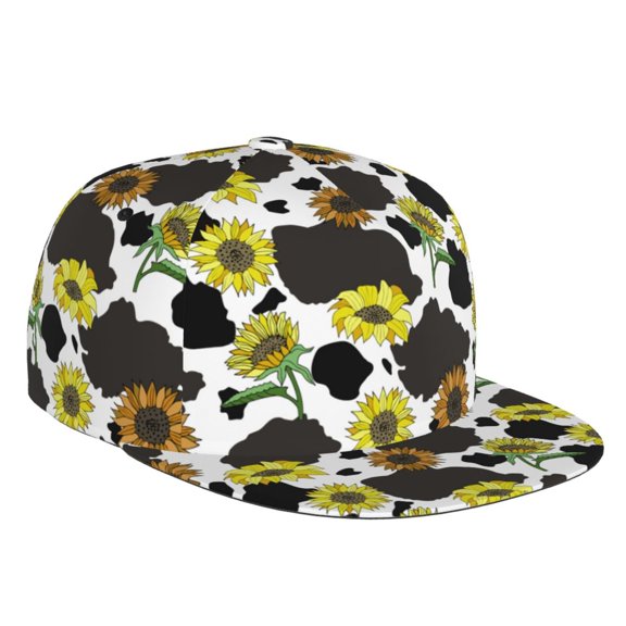 Flat Bill Trucker Hats for Women Men - Cow Print Sunflowers Black White Adjustable Flat Baseball Cap Snapback Hats Dad Hats for Men