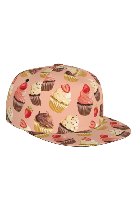 Flat Bill Trucker Hats for Women Men - Cupcake Strawberry Print Adjustable Flat Baseball Cap Snapback Hats Dad Hats for Men