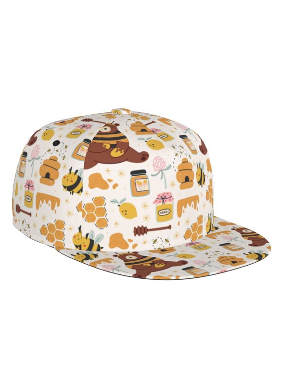 Flat Bill Trucker Hats for Women Men - Cute Bee Honey Jar Hive Bear Adjustable Flat Baseball Cap Snapback Hats Dad Hats for Men