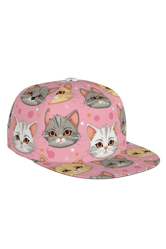 Flat Bill Trucker Hats for Women Men - Cute Cartoon Cat Face Pink Adjustable Flat Baseball Cap Snapback Hats Dad Hats for Men