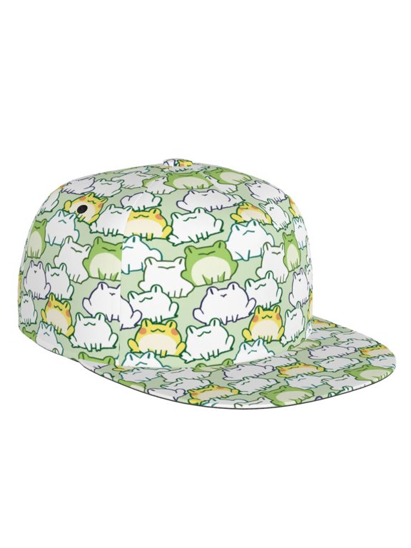 Flat Bill Trucker Hats for Women Men - Cute Cartoon Frog Light Green Adjustable Flat Baseball Cap Snapback Hats Dad Hats for Men