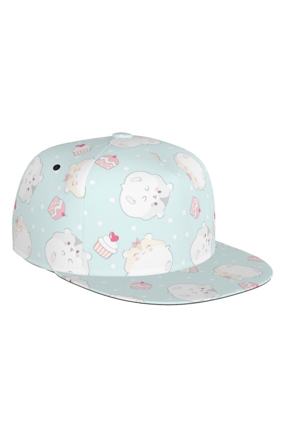 Flat Bill Trucker Hats for Women Men - Cute Cartoon Hamster Cake Adjustable Flat Baseball Cap Snapback Hats Dad Hats for Men
