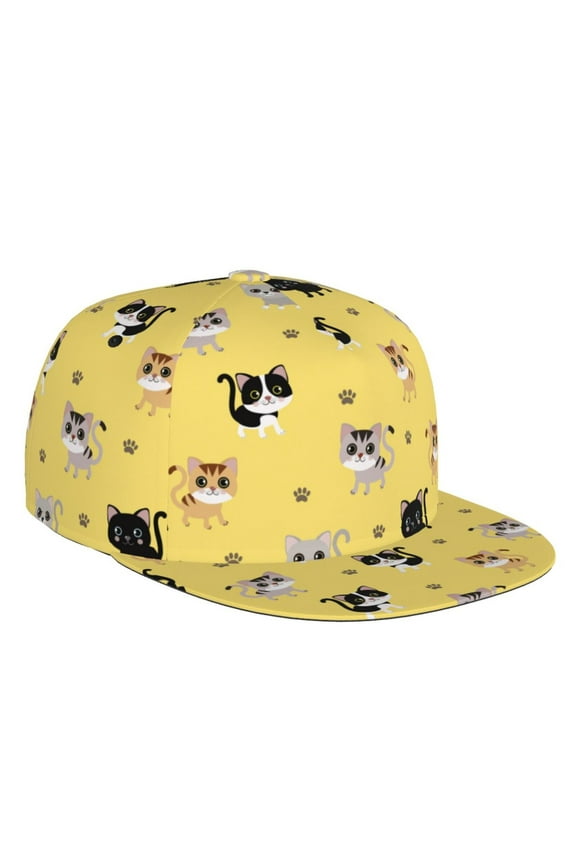 Flat Bill Trucker Hats for Women Men - Cute Cat Cartoon Style Yellow Adjustable Flat Baseball Cap Snapback Hats Dad Hats for Men