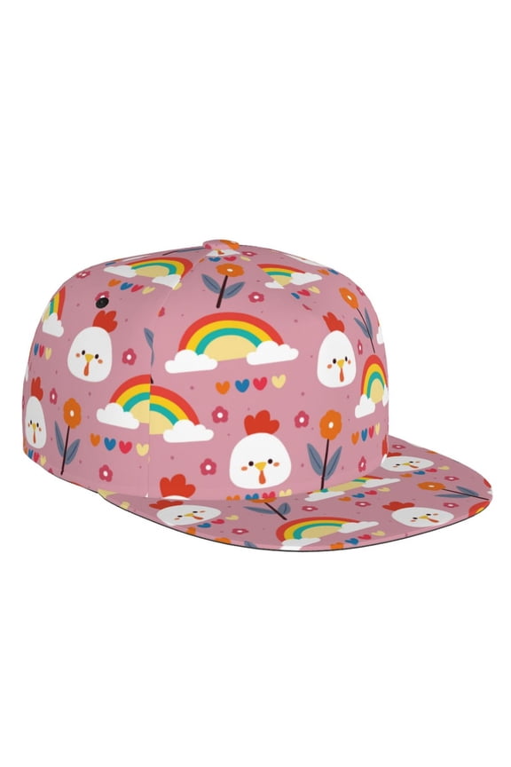 Flat Bill Trucker Hats for Women Men - Cute Chicken Rainbow Flower Love Adjustable Flat Baseball Cap Snapback Hats Dad Hats for Men