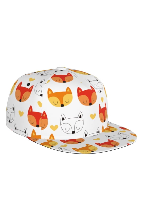 Flat Bill Trucker Hats for Women Men - Cute Fox with Heart Adjustable Flat Baseball Cap Snapback Hats Dad Hats for Men
