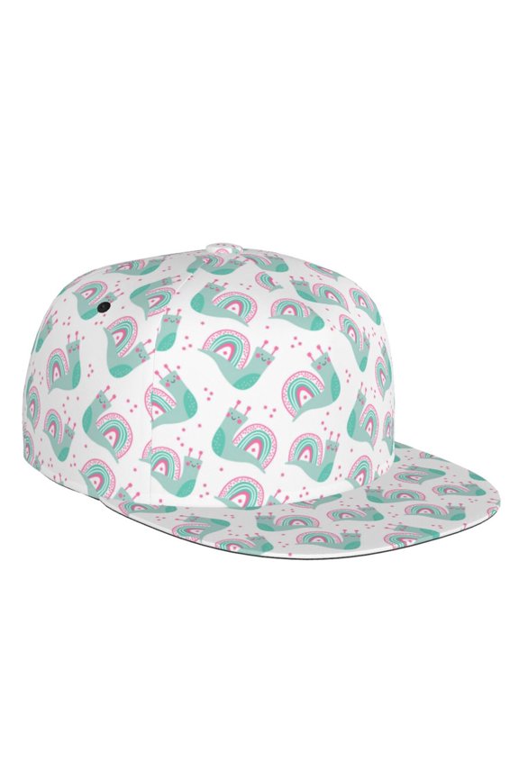 Flat Bill Trucker Hats for Women Men - Cute Light Pink Green Snails Adjustable Flat Baseball Cap Snapback Hats Dad Hats for Men
