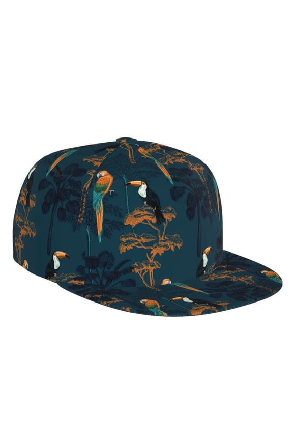 Flat Bill Trucker Hats for Women Men - Cute Macaw Toucan Palm Tree Adjustable Flat Baseball Cap Snapback Hats Dad Hats for Men