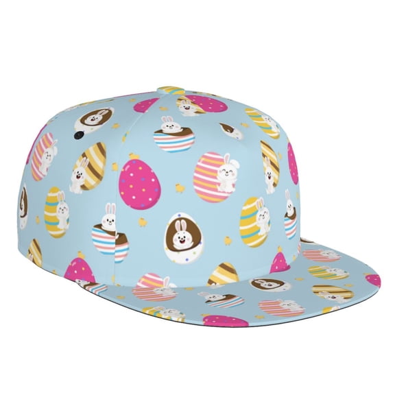 Flat Bill Trucker Hats for Women Men - Cute Rabbit Pattern Egg Blue Adjustable Flat Baseball Cap Snapback Hats Dad Hats for Men