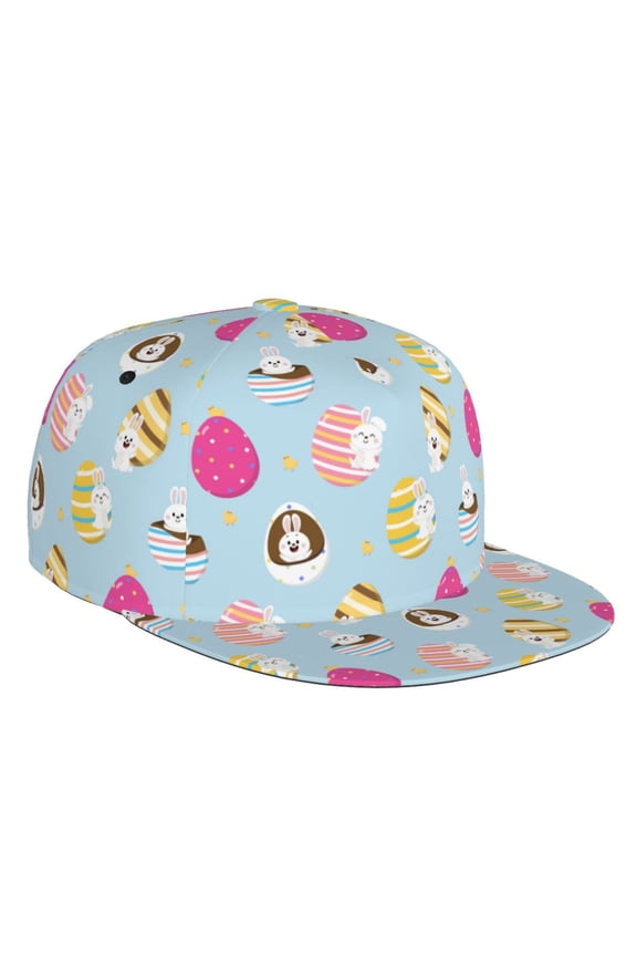 Flat Bill Trucker Hats for Women Men - Cute Rabbit Pattern Egg Blue Adjustable Flat Baseball Cap Snapback Hats Dad Hats for Men