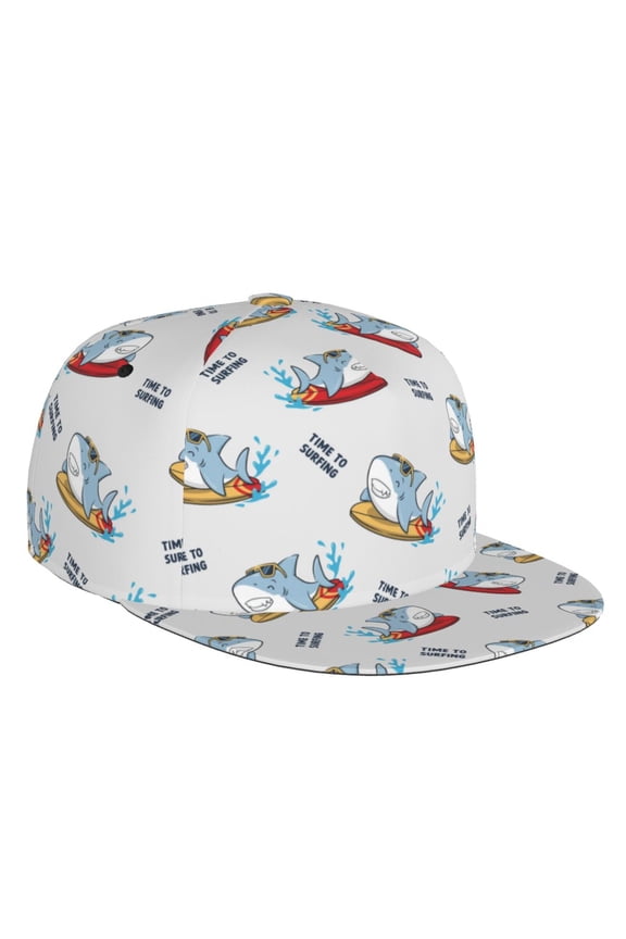 Flat Bill Trucker Hats for Women Men - Cute Surfing Shark Adjustable Flat Baseball Cap Snapback Hats Dad Hats for Men