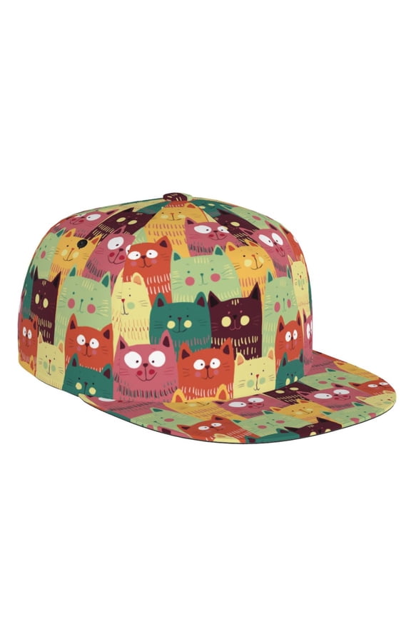 Flat Bill Trucker Hats for Women Men - Cute cartoon cat Adjustable Flat Baseball Cap Snapback Hats Dad Hats for Men