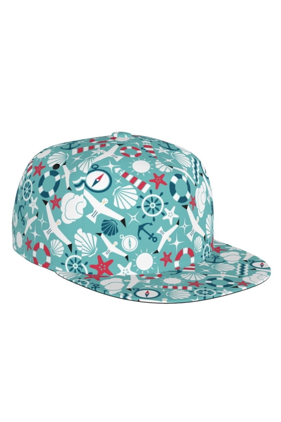Flat Bill Trucker Hats for Women Men - Cute seagull lighthouse starfish anchor Adjustable Flat Baseball Cap Snapback Hats Dad Hats for Men