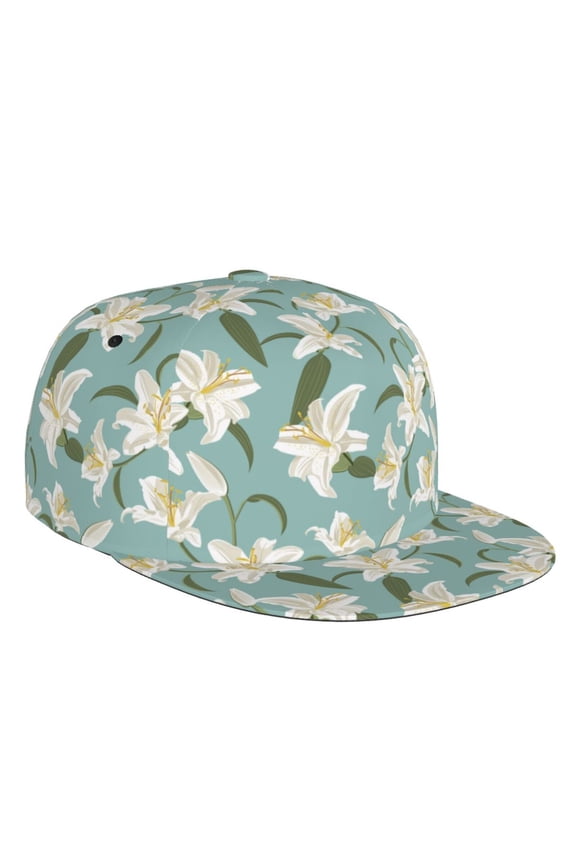 Flat Bill Trucker Hats for Women Men - Cyan Blue Lilies Flowers Adjustable Flat Baseball Cap Snapback Hats Dad Hats for Men