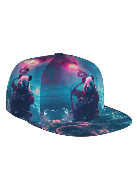 Flat Bill Trucker Hats for Women Men - DJ Panda Hot Air Balloon Adjustable Flat Baseball Cap Snapback Hats Dad Hats for Men