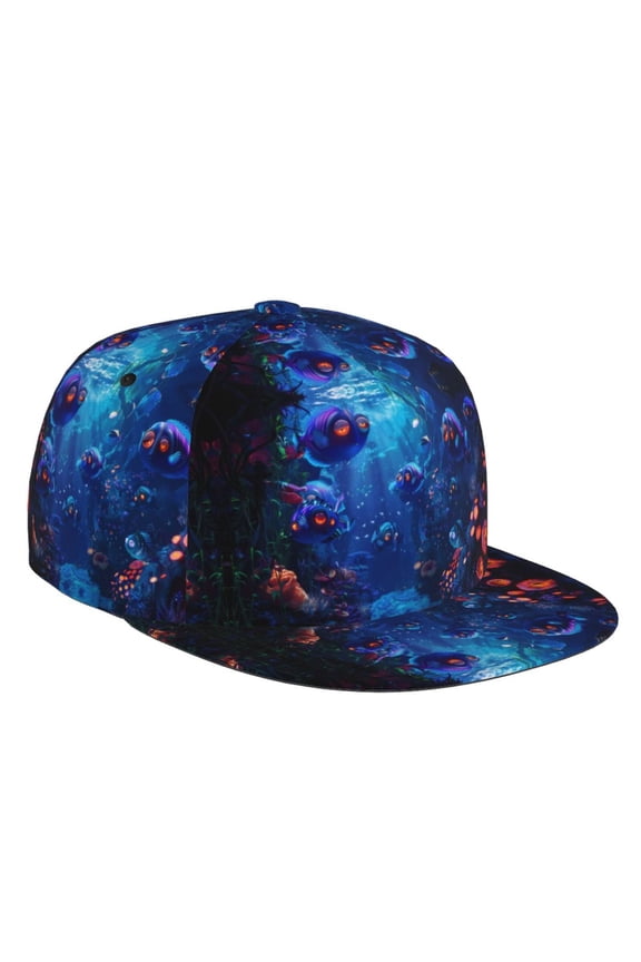 Flat Bill Trucker Hats for Women Men - Deep Sea Glowing Fishes Adjustable Flat Baseball Cap Snapback Hats Dad Hats for Men