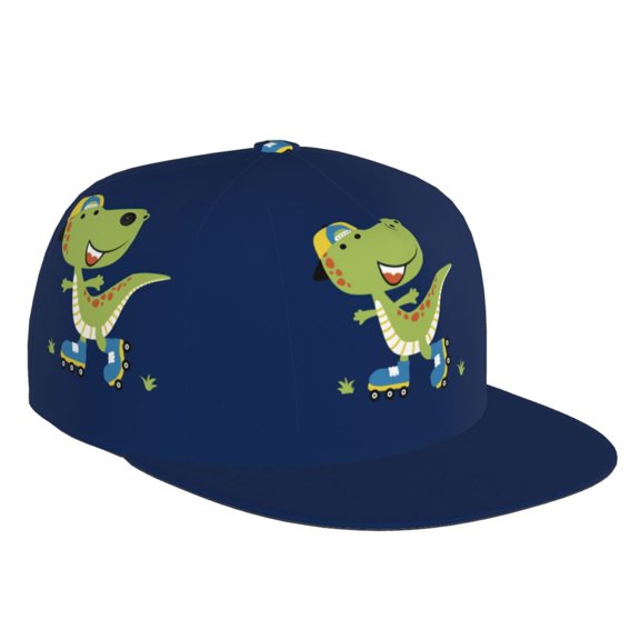 Flat Bill Trucker Hats for Women Men - Dino Playing Roller Skate Adjustable Flat Baseball Cap Snapback Hats Dad Hats for Men