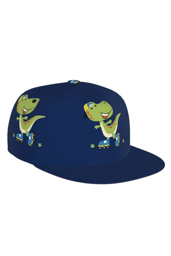 Flat Bill Trucker Hats for Women Men - Dino Playing Roller Skate Adjustable Flat Baseball Cap Snapback Hats Dad Hats for Men