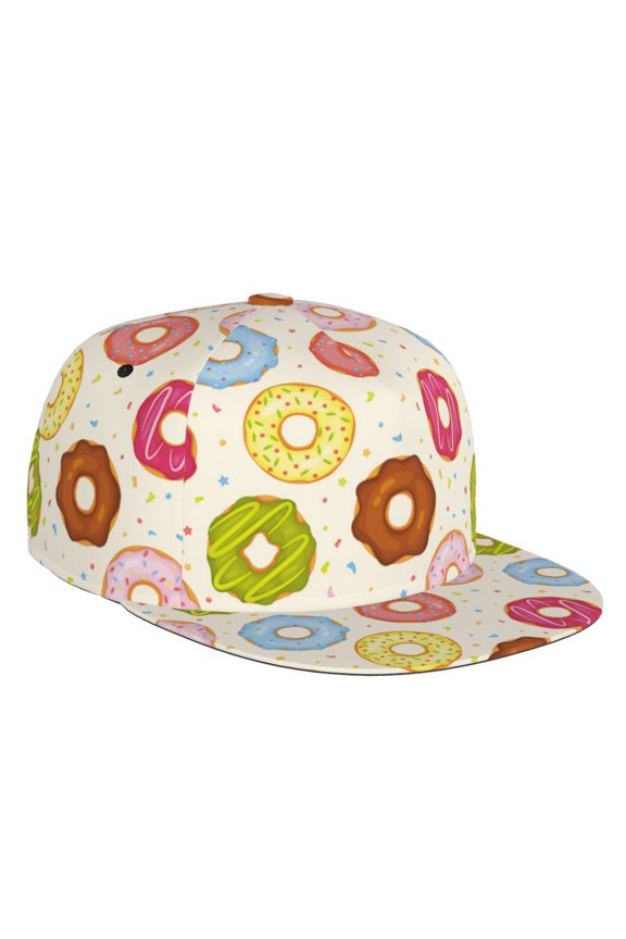 Flat Bill Trucker Hats for Women Men - Donut Print No.9049 Adjustable Flat Baseball Cap Snapback Hats Dad Hats for Men