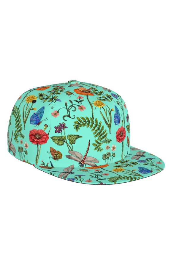 Flat Bill Trucker Hats for Women Men - Dragonfly Butterfly Flower Adjustable Flat Baseball Cap Snapback Hats Dad Hats for Men