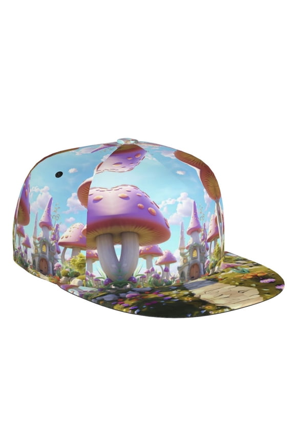 Flat Bill Trucker Hats for Women Men - Dreamy Pink Mushroom House Adjustable Flat Baseball Cap Snapback Hats Dad Hats for Men