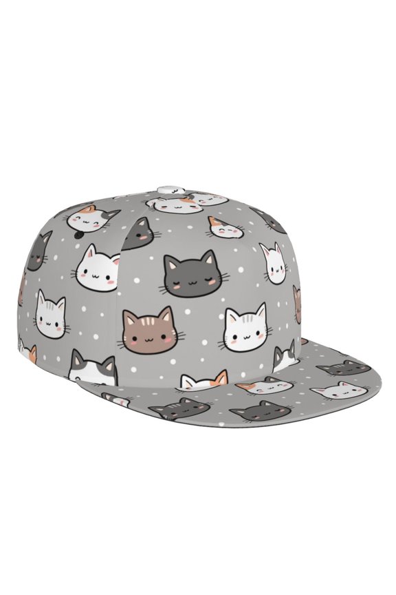 Flat Bill Trucker Hats for Women Men - Elegant Cartoon Cute Cat Face Adjustable Flat Baseball Cap Snapback Hats Dad Hats for Men