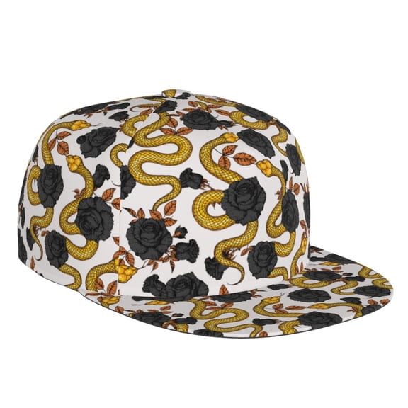 Flat Bill Trucker Hats for Women Men - Elegant Snake Golden Flower Black Adjustable Flat Baseball Cap Snapback Hats Dad Hats for Men