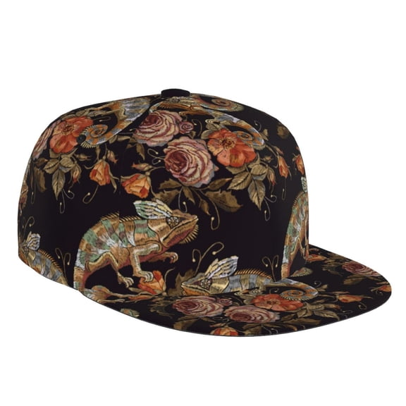 Flat Bill Trucker Hats for Women Men - Embroidery Funny Chameleon Flower Adjustable Flat Baseball Cap Snapback Hats Dad Hats for Men