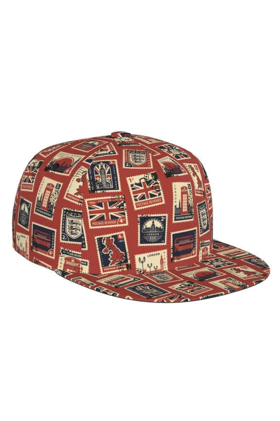 Flat Bill Trucker Hats for Women Men - England Stamp Pattern Adjustable Flat Baseball Cap Snapback Hats Dad Hats for Men