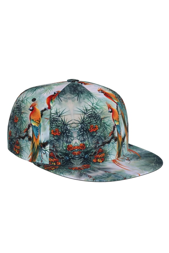 Flat Bill Trucker Hats for Women Men - Exotic Birds Forest Adjustable Flat Baseball Cap Snapback Hats Dad Hats for Men
