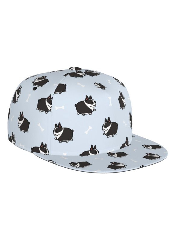 Flat Bill Trucker Hats for Women Men - Fat boston terrier dog funny Adjustable Flat Baseball Cap Snapback Hats Dad Hats for Men