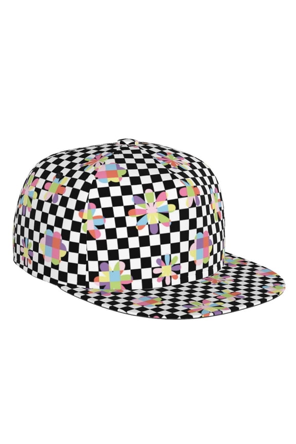 Flat Bill Trucker Hats for Women Men - Floral Flower Checkerboard 90s Y2K Adjustable Flat Baseball Cap Snapback Hats Dad Hats for Men