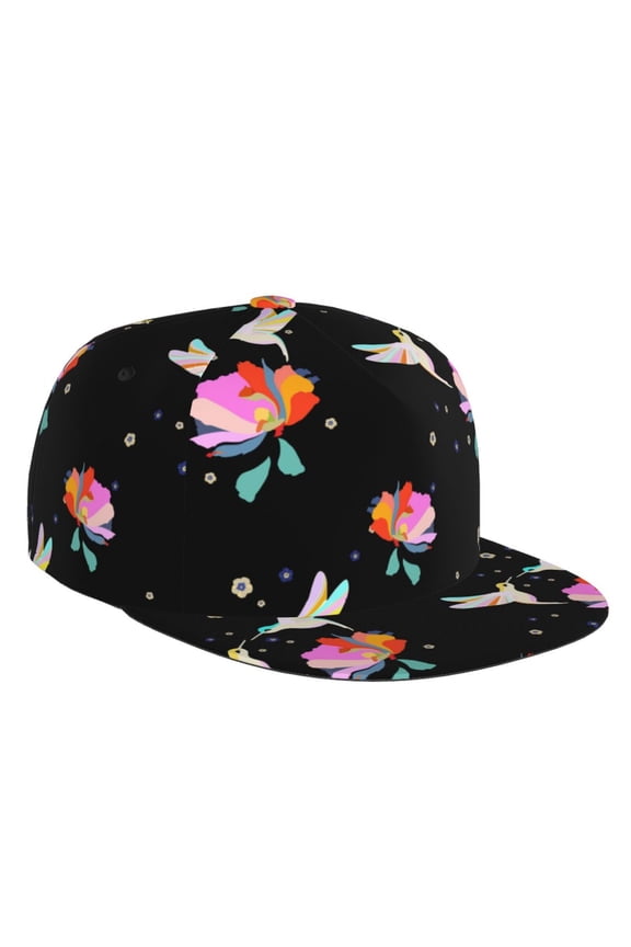 Flat Bill Trucker Hats for Women Men - Flower Hummingbird Black Adjustable Flat Baseball Cap Snapback Hats Dad Hats for Men