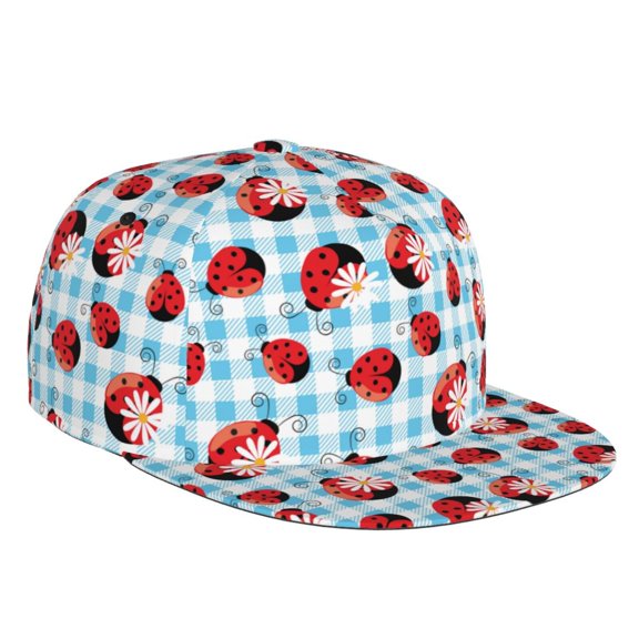 Flat Bill Trucker Hats for Women Men - Flowers and Lady Bugs Adjustable Flat Baseball Cap Snapback Hats Dad Hats for Men