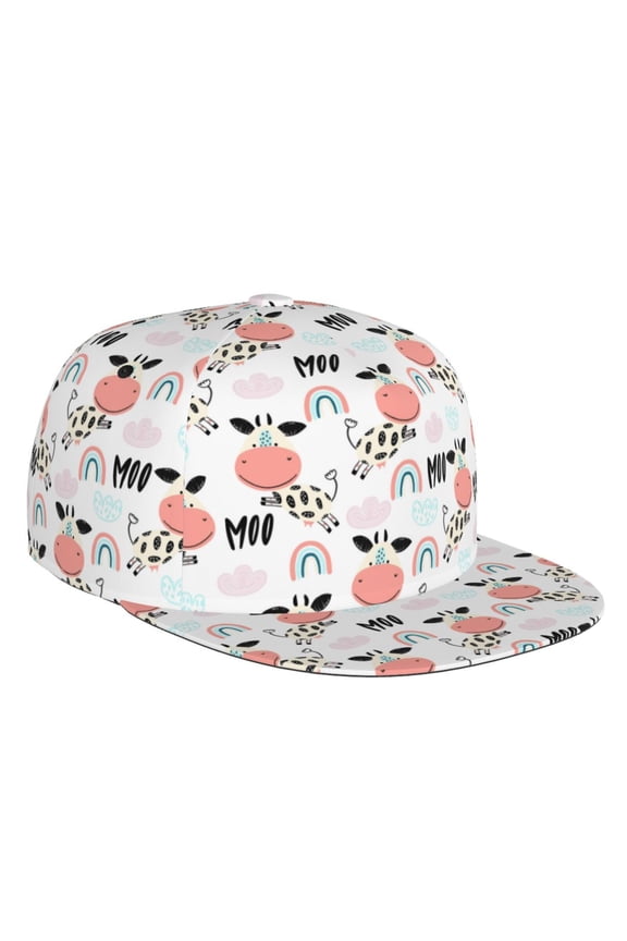 Flat Bill Trucker Hats for Women Men - Funny Cute Cow Rainbow Clouds Adjustable Flat Baseball Cap Snapback Hats Dad Hats for Men