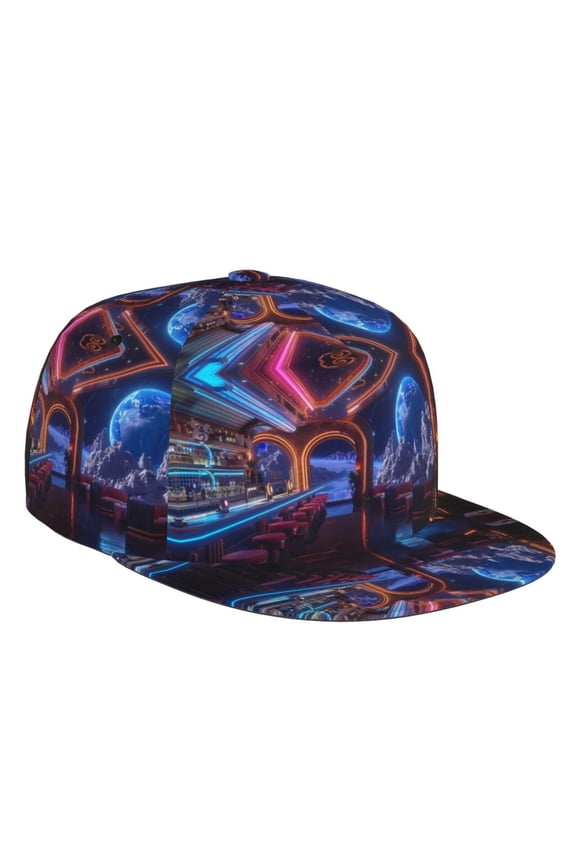 Flat Bill Trucker Hats for Women Men - Futuristic Bar Space View Adjustable Flat Baseball Cap Snapback Hats Dad Hats for Men