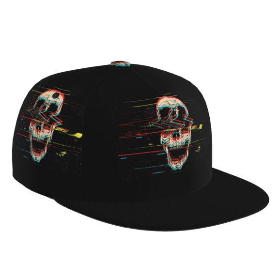 Flat Bill Trucker Hats for Women Men - Glitch Screaming Skull Adjustable Flat Baseball Cap Snapback Hats Dad Hats for Men