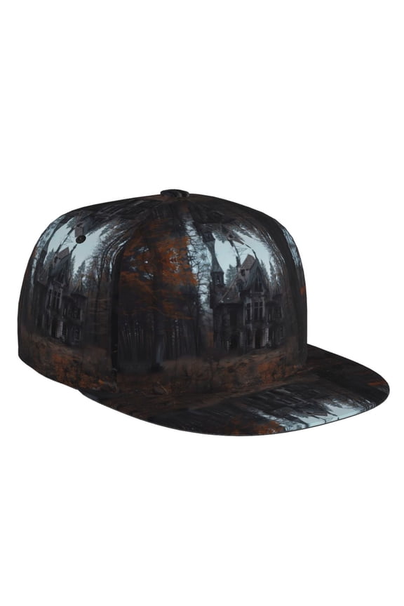 Flat Bill Trucker Hats for Women Men - Gloomy Mansion Forest Scene Adjustable Flat Baseball Cap Snapback Hats Dad Hats for Men
